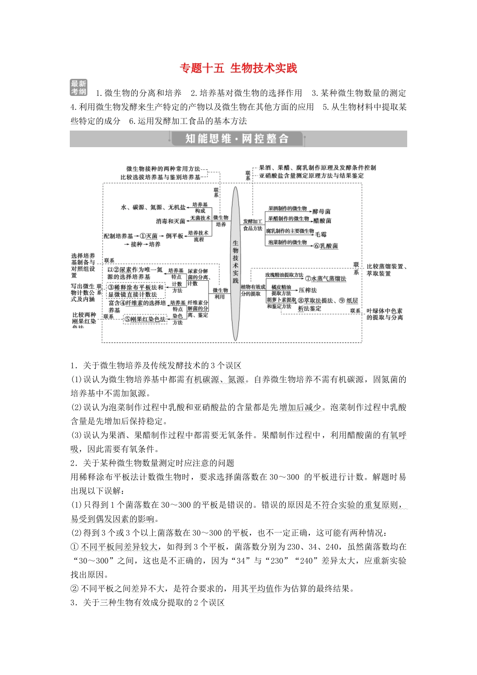 高考生物考前冲刺复习 第1部分 专题突破方略 专题十五 生物技术实践讲义-人教版高三全册生物教案_第1页