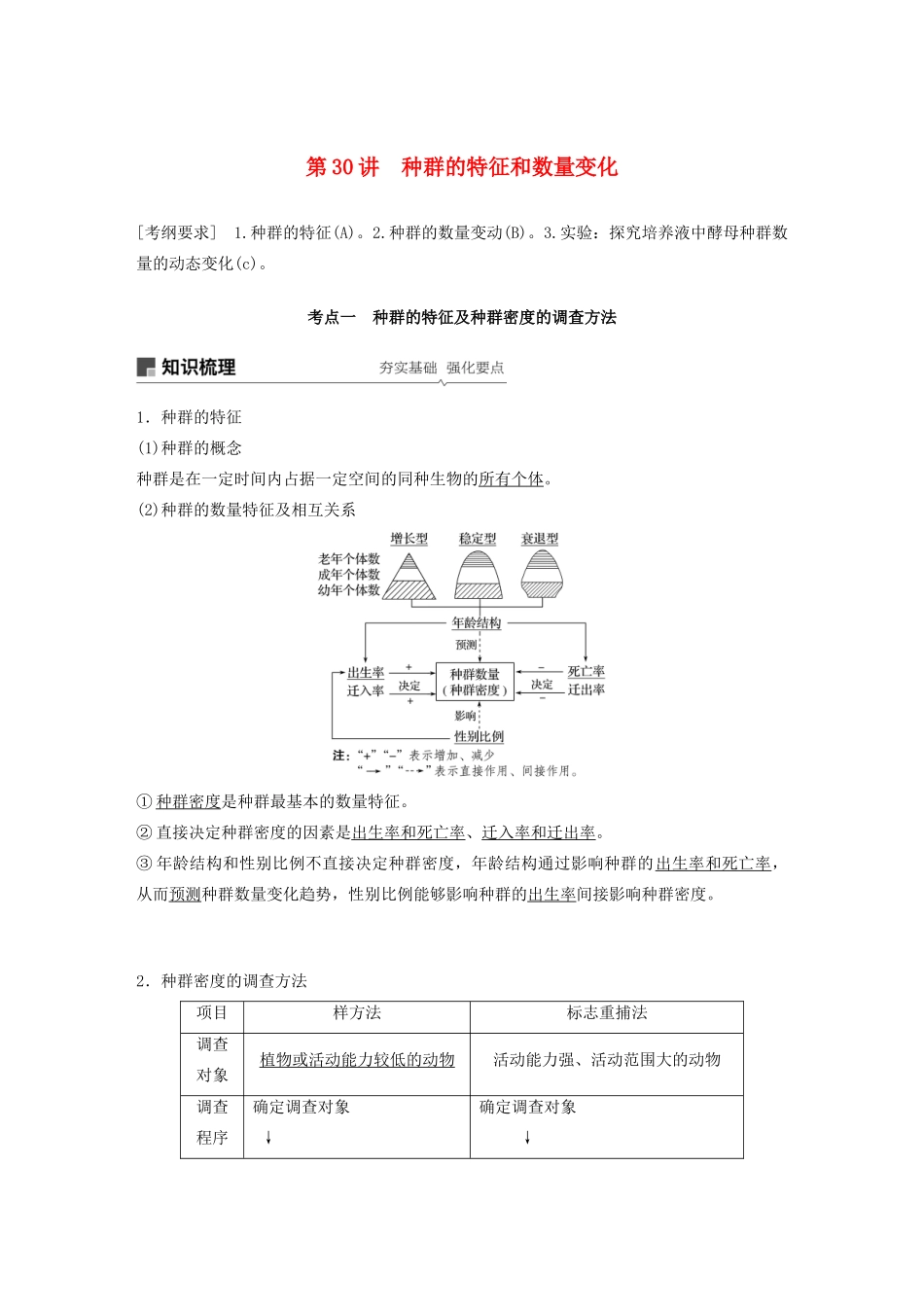 （江苏专用）高考生物新导学大一轮复习 第九单元 生物与环境 第30讲 种群的特征和数量变化讲义（含解析）苏教版-苏教版高三全册生物教案_第1页