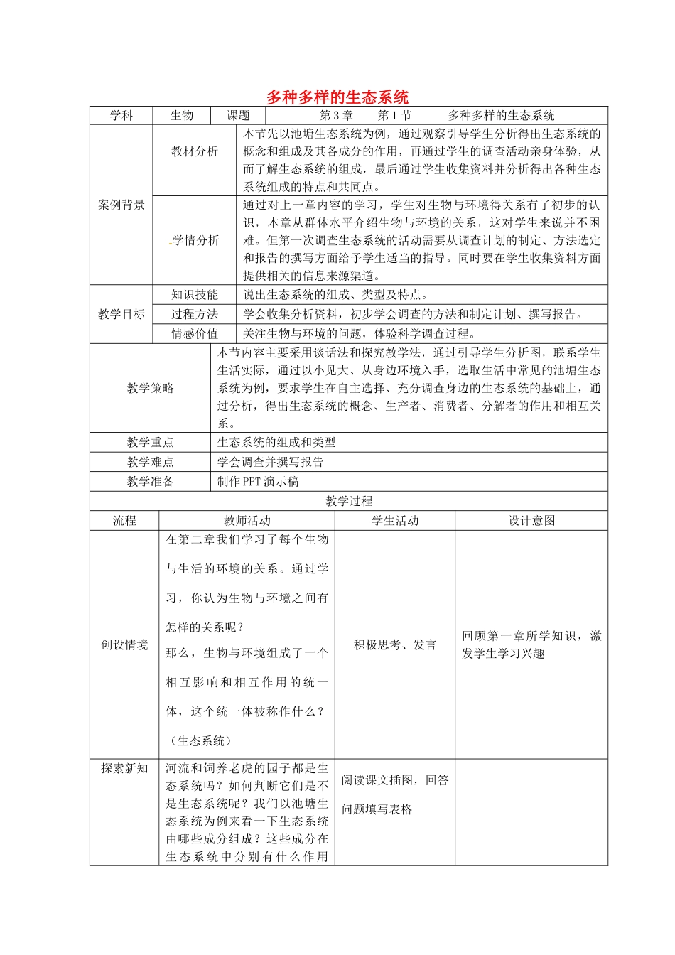 七年级生物上册 第2单元 第3章 生态系统和生物圈教案 （新版）苏科版-（新版）苏科版初中七年级上册生物教案_第1页