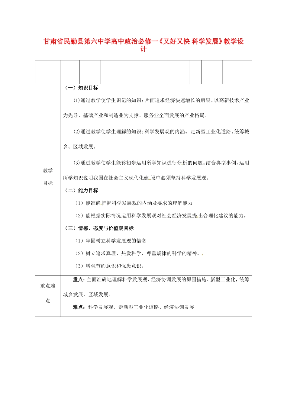 甘肃省民勤县第六中学高中政治《又好又快 科学发展》教学设计 新人教版必修1_第1页
