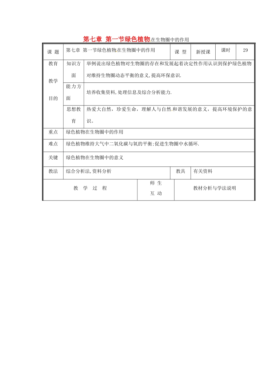 七年级生物上册 第三单元《生物圈中的绿色植物》第7章 绿色植物与生物圈 7.1 绿色植物在生物圈中的作用教案 （新版）北师大版_第1页
