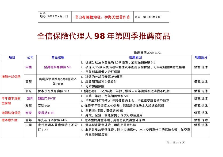 全信保险代理人98年第四季推荐商品_第1页