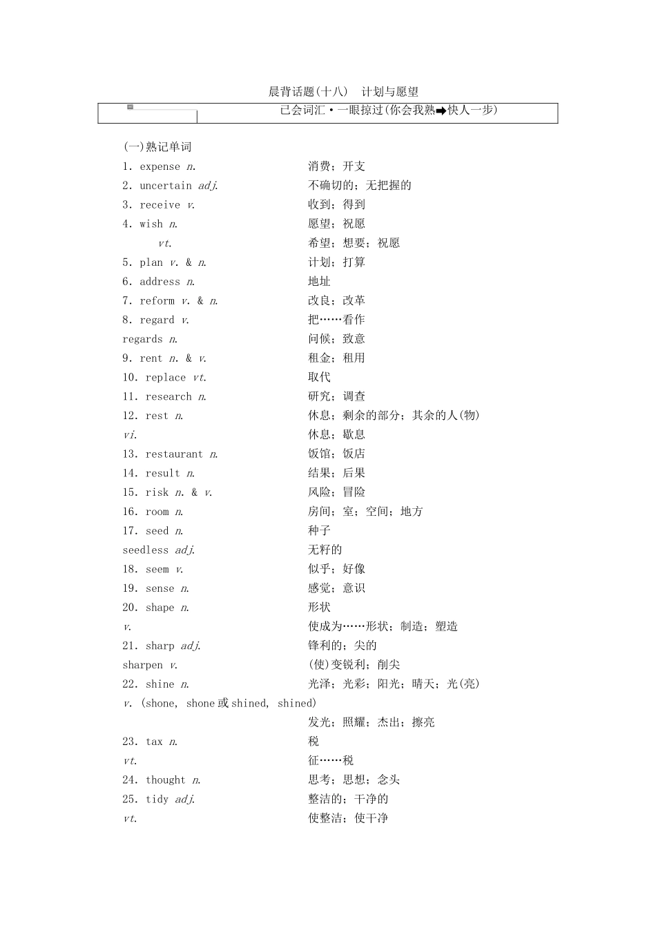 高考英语一轮复习 精选晨背热点话题（十八）计划与愿望讲义-人教版高三全册英语教案_第1页