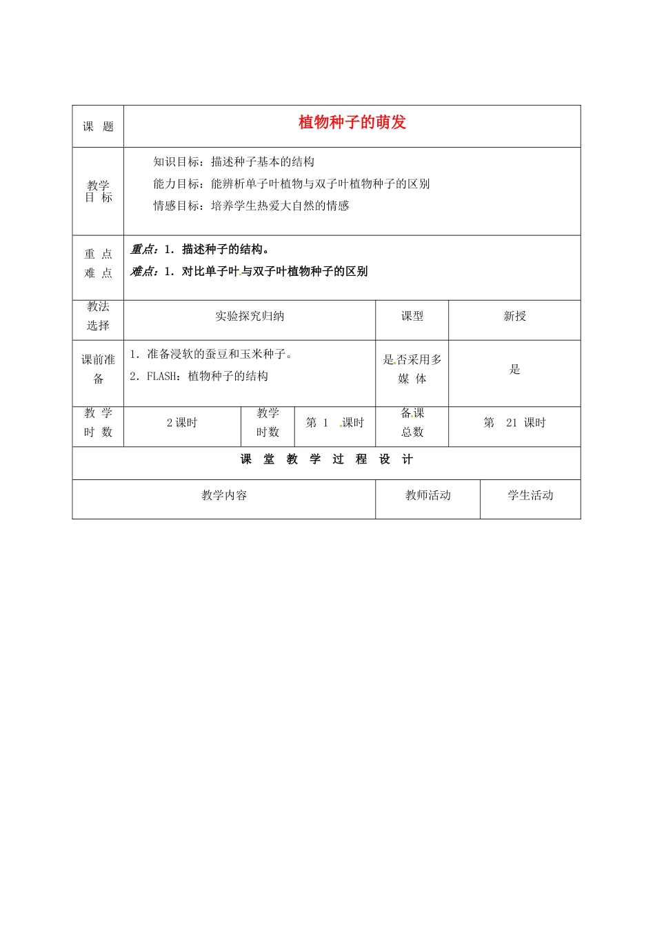 七年级生物上册 第5章 第1节 植物种子的萌发教案1 苏教版-苏教版初中七年级上册生物教案_第1页