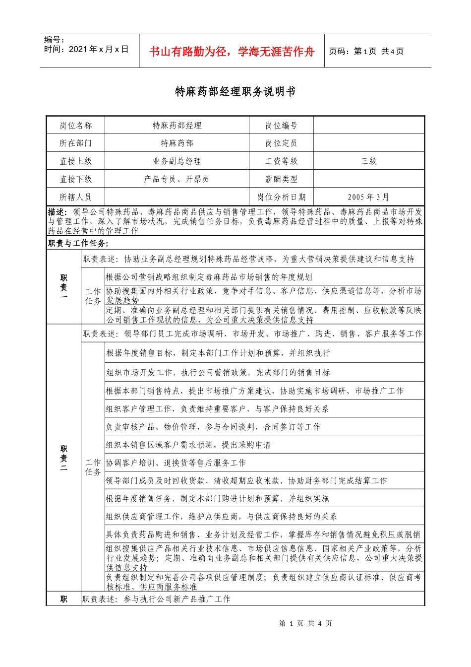 医药公司特麻药部经理职务说明书_第1页