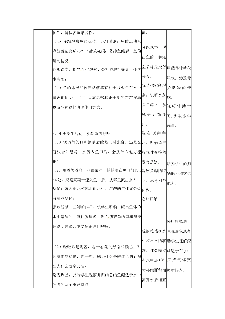 山东省龙口市诸由观镇诸由中学八年级生物上册 1.4 鱼教案 （新版）新人教版_第3页