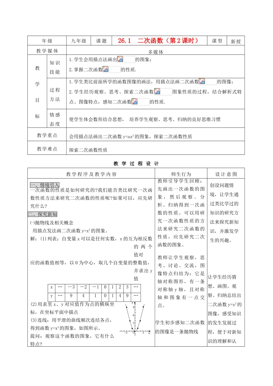 九年级数学下册 26.1二次函数（2）精品教案 人教新课标版_第1页