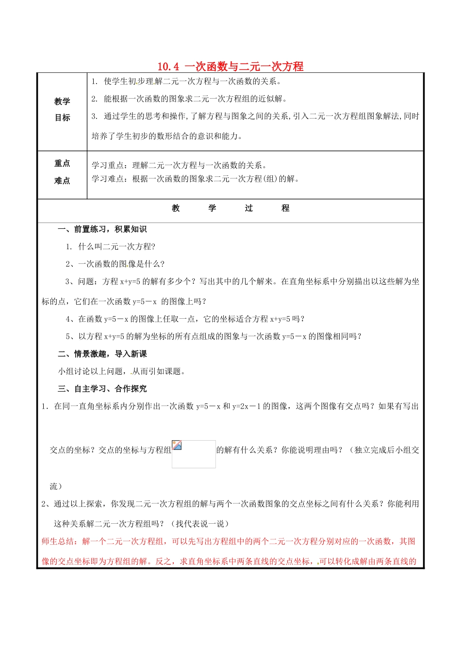 山东省聊城市高唐县八年级数学下册 10.4 一次函数与二元一次方程教案 （新版）青岛版-（新版）青岛版初中八年级下册数学教案_第1页