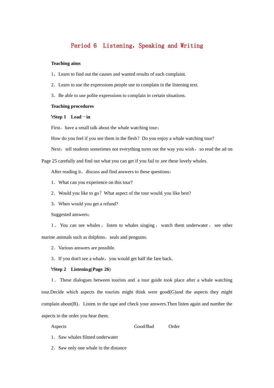 高中英语 Unit3 Under the sea Period 6优秀教案 新人教版选修7_第1页