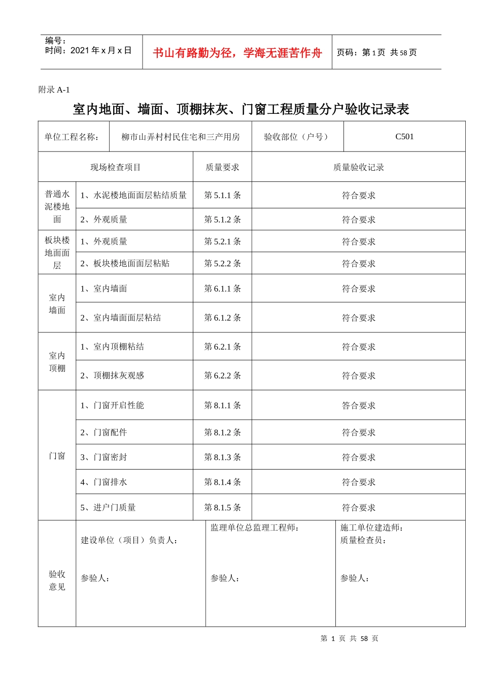 B幢室内地面、墙面、打棚抹灰、门窗工程质量分户验收记录_第1页