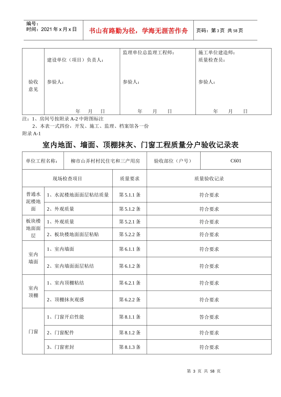 B幢室内地面、墙面、打棚抹灰、门窗工程质量分户验收记录_第3页
