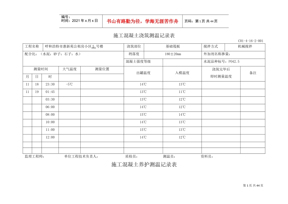 冬季施工混凝土浇筑测温记录表(DOC44页)_第1页
