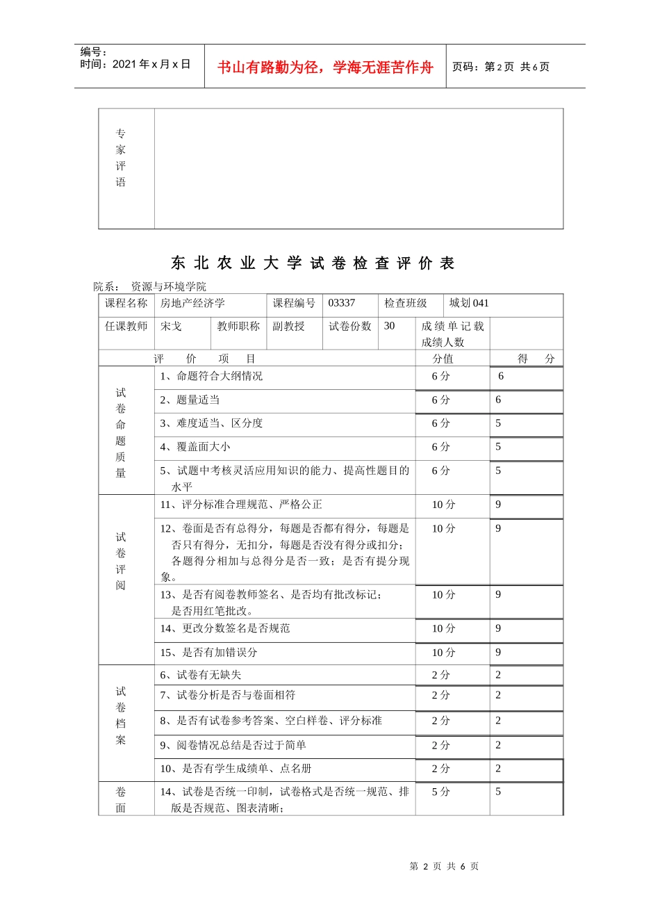 东北农业大学试卷检查评价表_第2页
