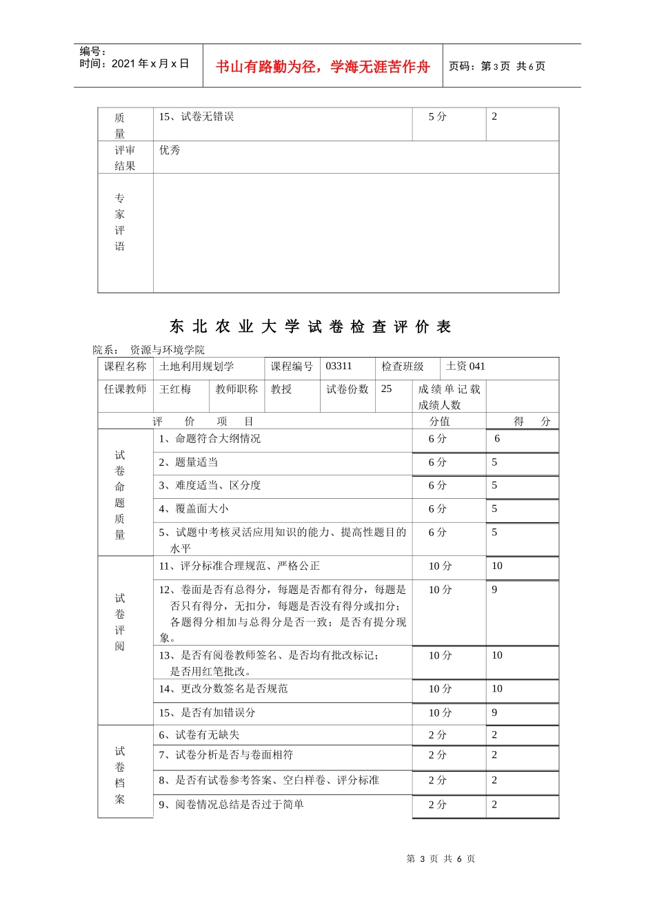 东北农业大学试卷检查评价表_第3页