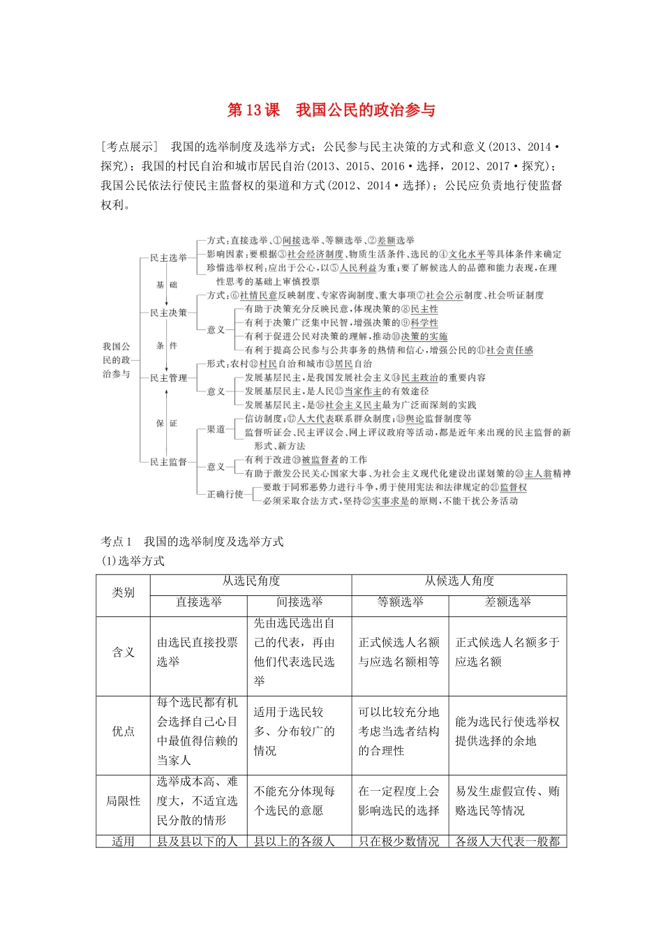 （江苏专版）高考政治一轮复习 第五单元 公民的政治生活 第13课 我国公民的政治参与讲义 新人教版必修2-新人教版高三必修2政治教案_第1页