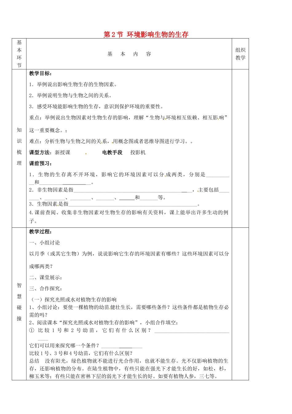 七年级生物上册《第2单元 第二章 第二节 环境影响生物的生存》教案2 （新版）苏科版-（新版）苏科版初中七年级上册生物教案_第1页