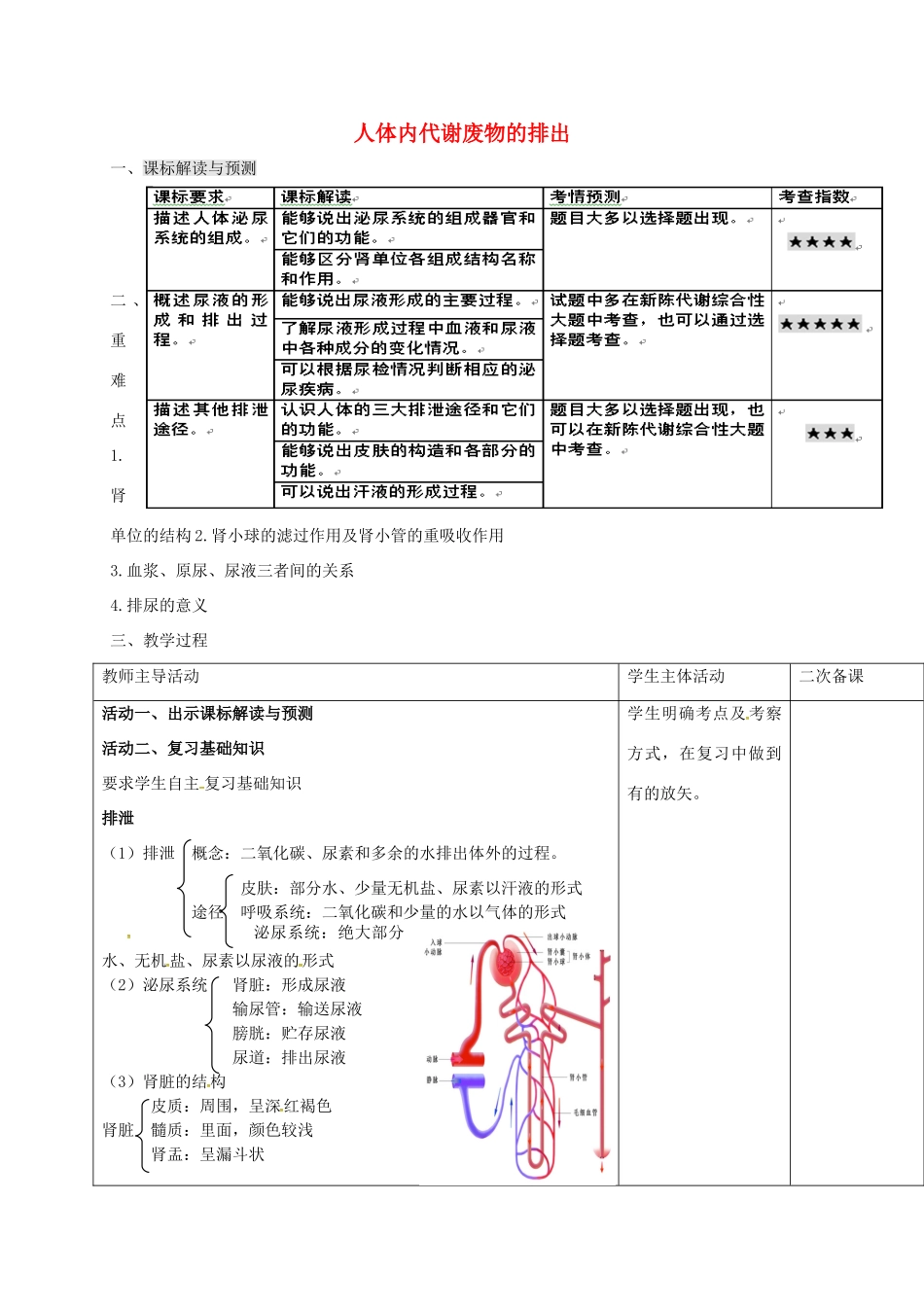 七年级生物下册 第三单元 第四章 人体内代谢废物的排出复习教案（1）（新版）济南版-（新版）济南版初中七年级下册生物教案_第1页