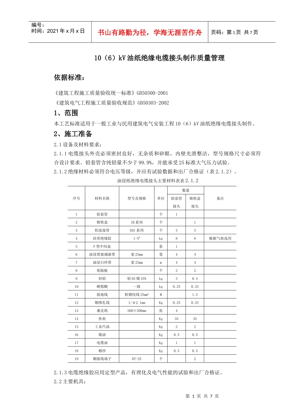 07-6 10(6)kV油纸绝缘电缆接头制作质量管理_第1页