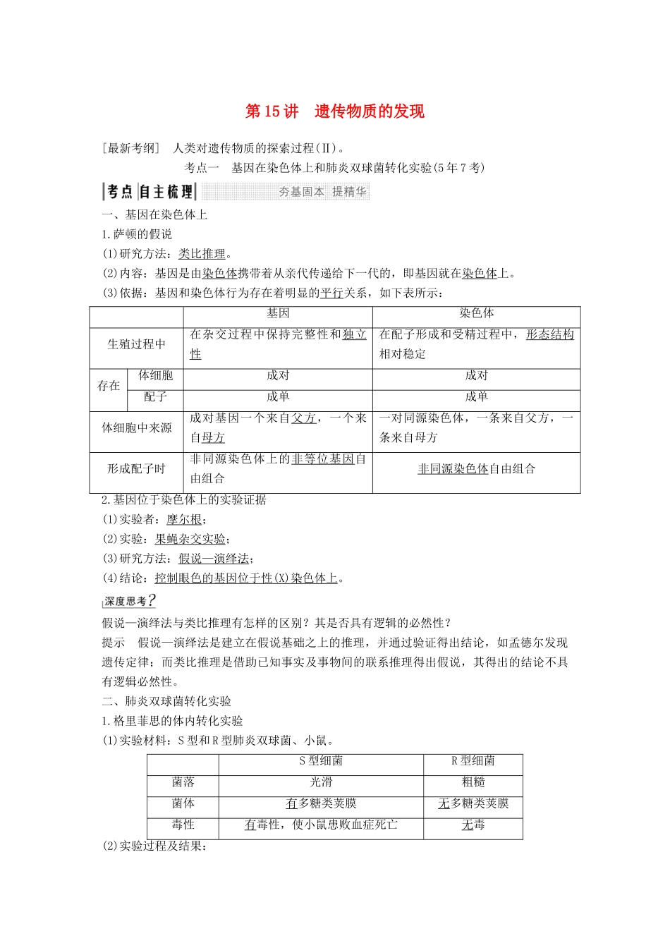 高考生物一轮复习 第七单元 第15讲 遗传物质的发现教案 中图版必修2-中图版高三必修2生物教案_第1页