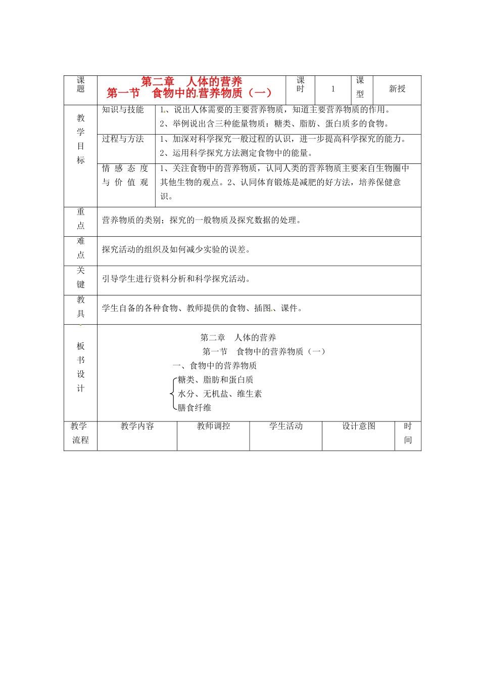 辽宁省大连市第四十二中学七年级生物下册 第二章 第一节 食物中的营养物质（一）教案 新人教版_第1页