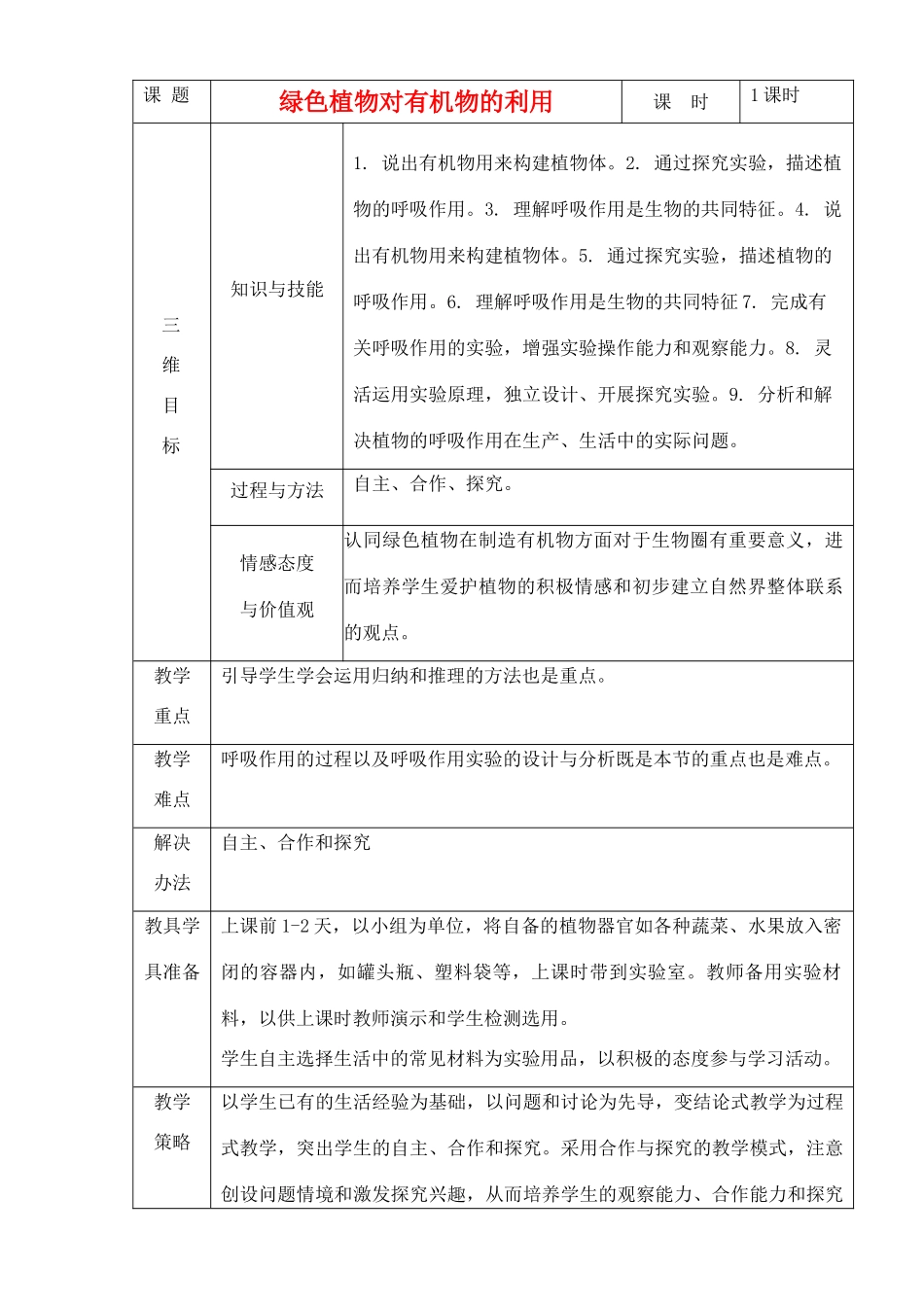七年级生物上册 绿色植物对有机物的利用教案 人教新课标版_第1页