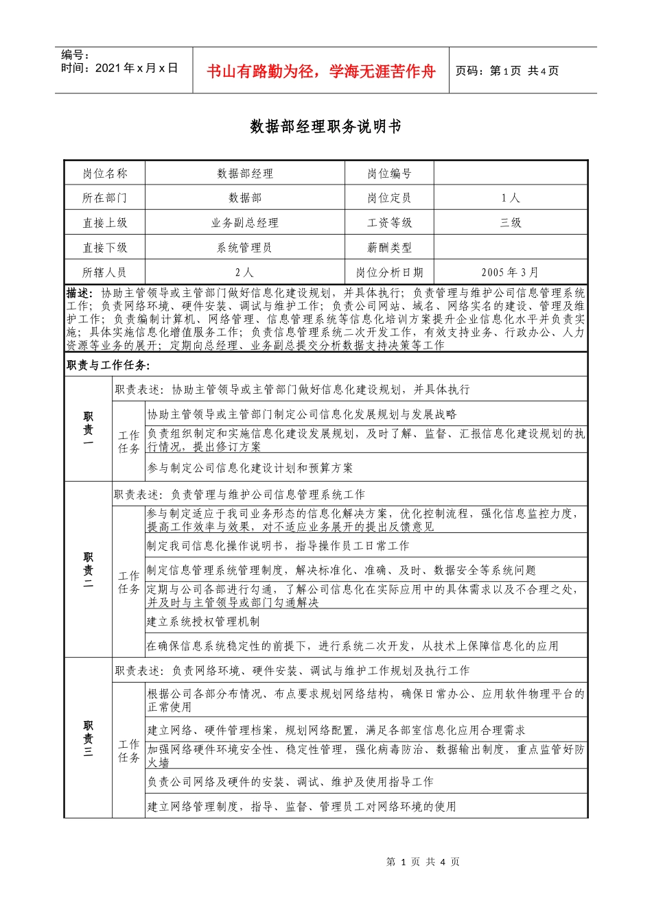 医药企业数据部经理职务说明书_第1页