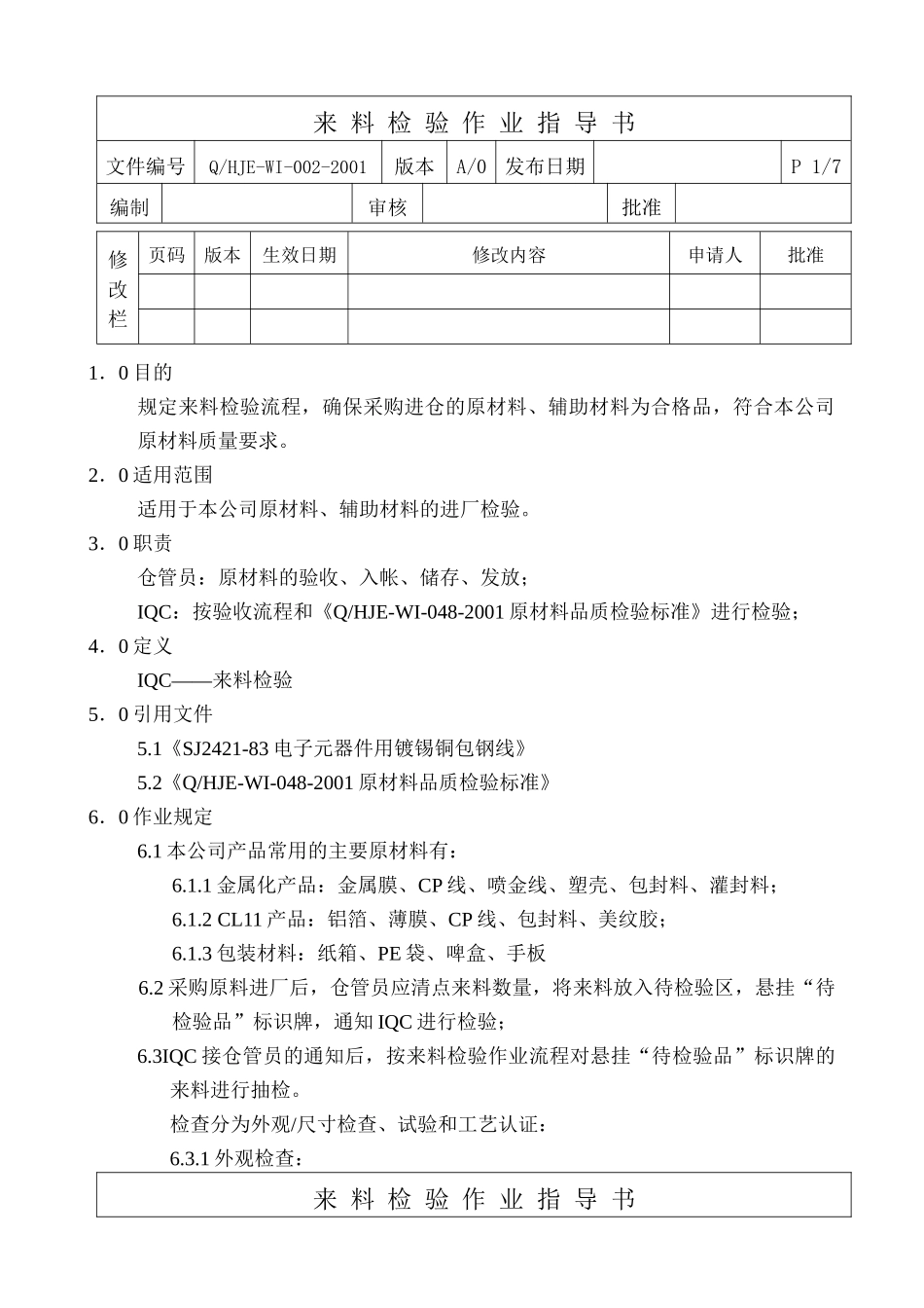 东莞华佳电子有限公司来料检验作业指导书_第1页
