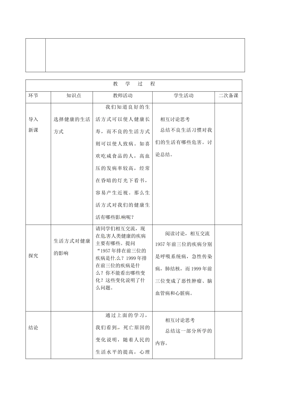 山东省泰安新泰市八年级生物下册 8.3.2 选择健康的生活方式教案新人教版_第2页