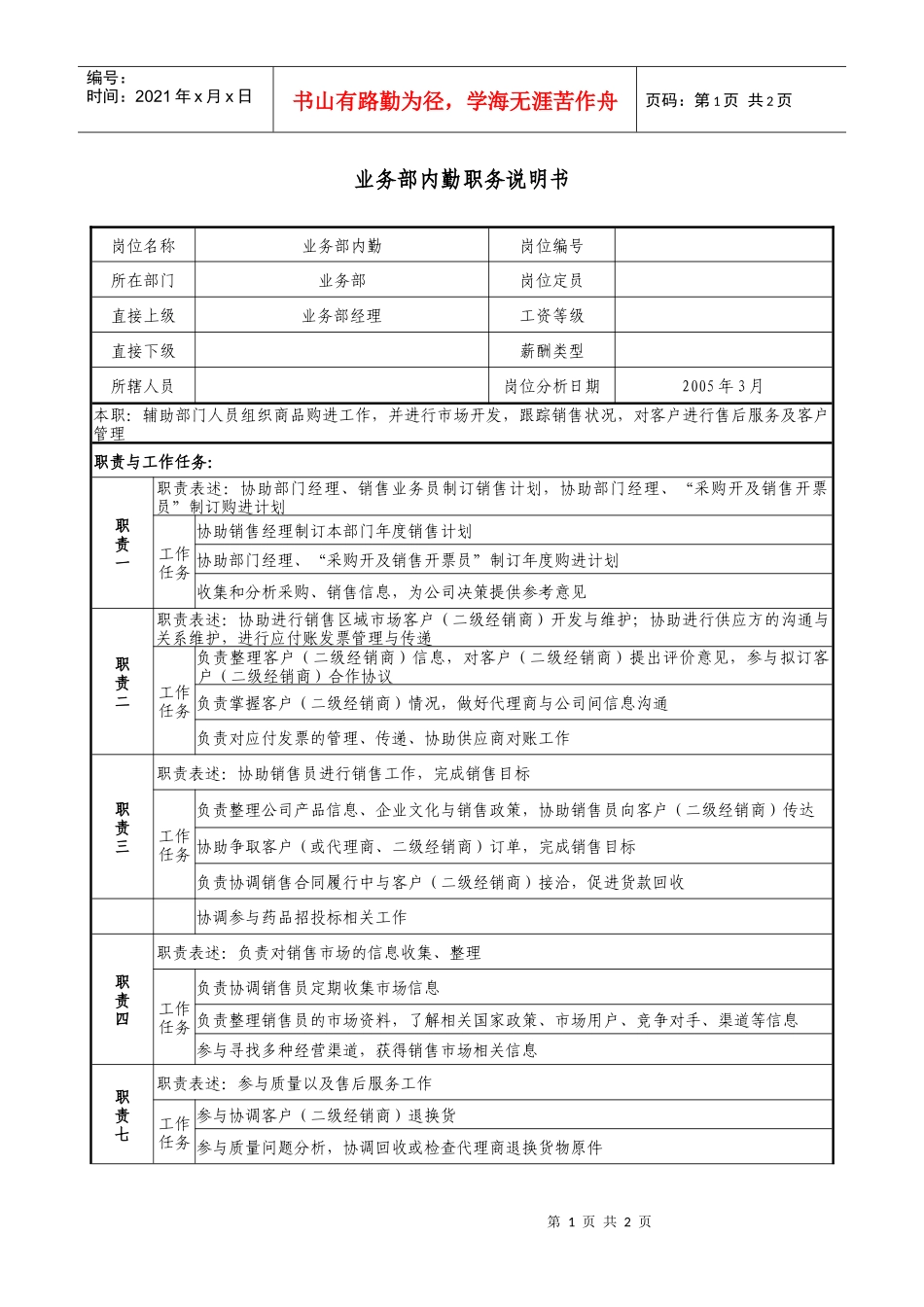 医药公司业务部内勤职务说明书_第1页