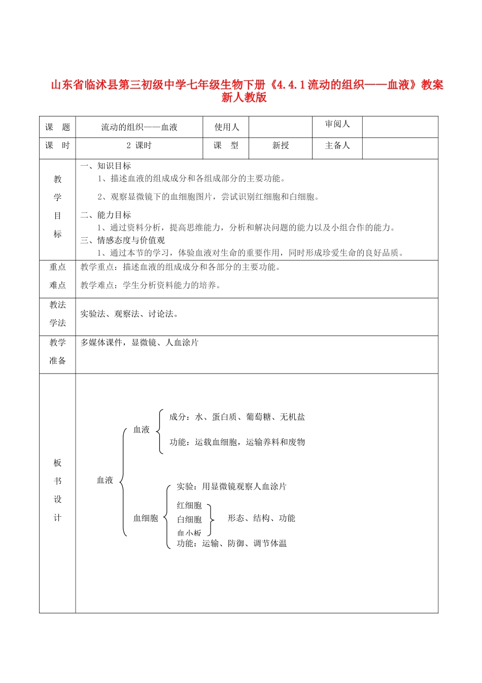 山东省临沭县第三初级中学七年级生物下册《4.4.1流动的组织—血液》教案 新人教版_第1页