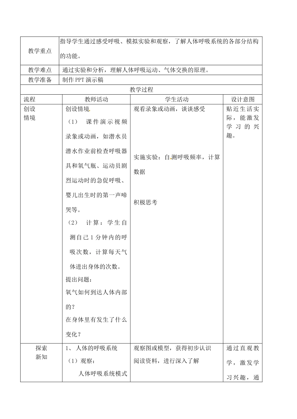 七年级生物上册 第3单元 第7章 人体的呼吸教案 （新版）苏科版-（新版）苏科版初中七年级上册生物教案_第2页