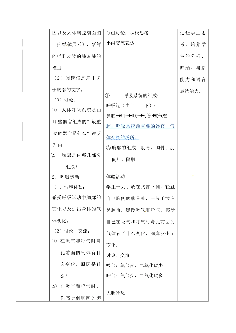 七年级生物上册 第3单元 第7章 人体的呼吸教案 （新版）苏科版-（新版）苏科版初中七年级上册生物教案_第3页