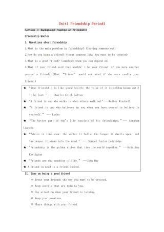 高中英语 Unit1 Friendship Period4教案 新人教版必修1-新人教版高一必修1英语教案