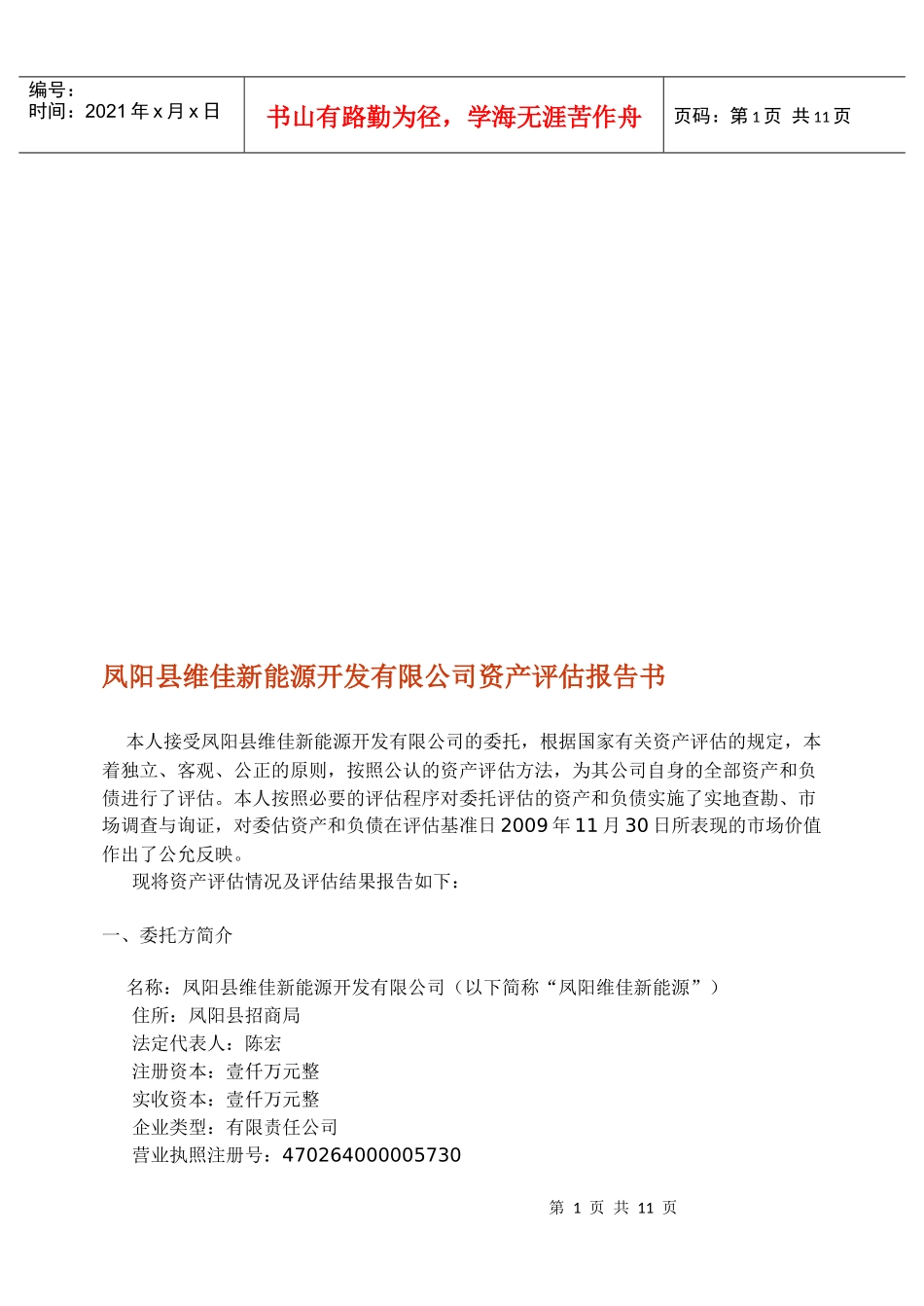 凤阳县某新能源开发公司资产评估报告书_第1页