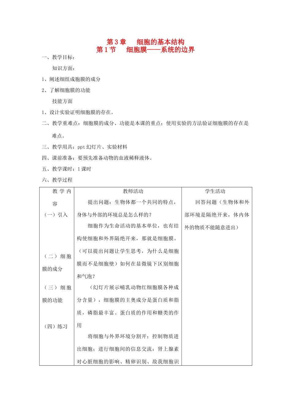 高中生物（板书设计+基础练习+变式训练） 3.1《细胞膜 系统的边界》教案 新人教版必修1_第1页
