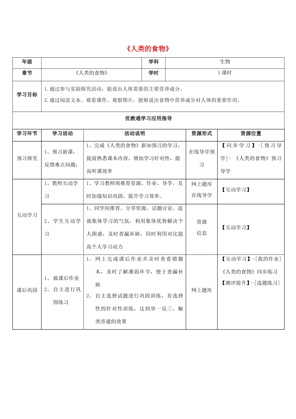 七年级生物下册 第8章 第1节《人类的食物》学生学习应用指导 北师大版_第1页