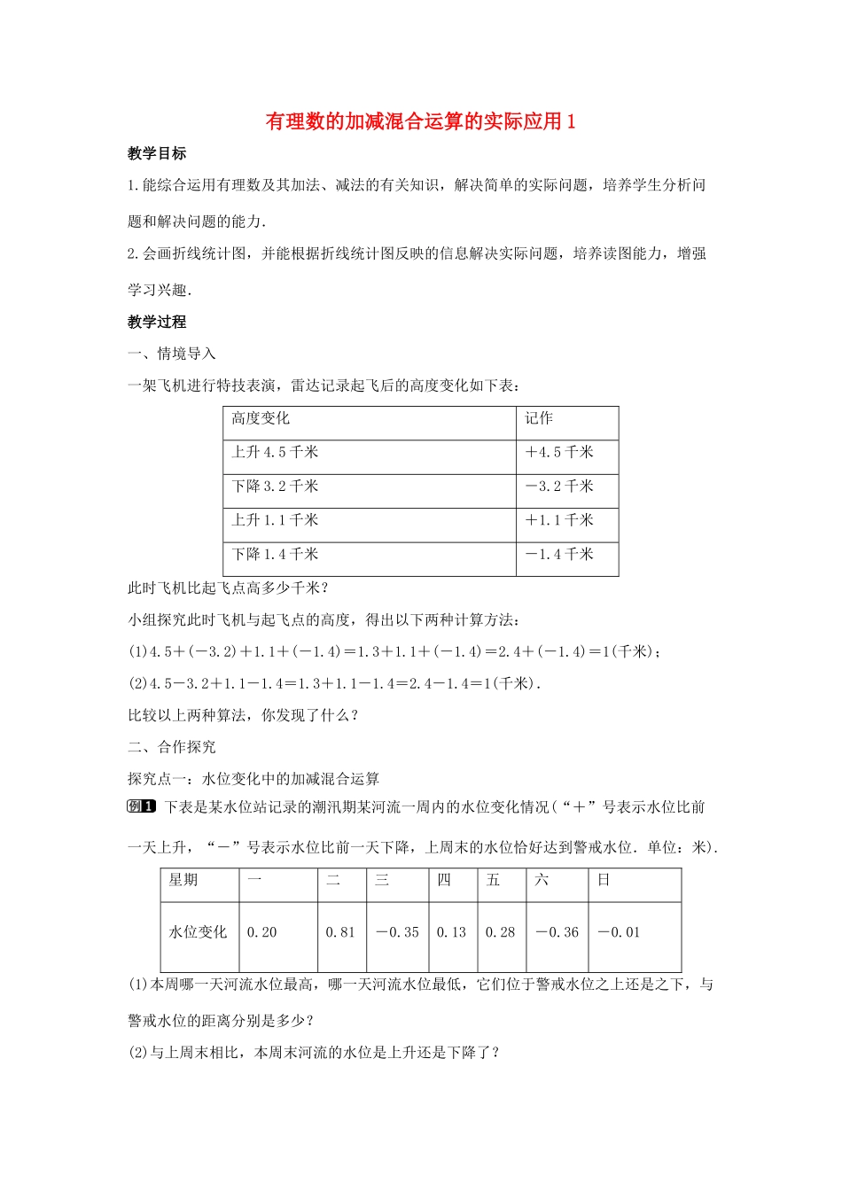 七年级数学上册 第二章 有理数及其运算 2.6 有理数的加减混合运算 第2课时 有理数的加减混合运算的实际应用教学设计 （新版）北师大版-（新版）北师大版初中七年级上册数学教案_第1页