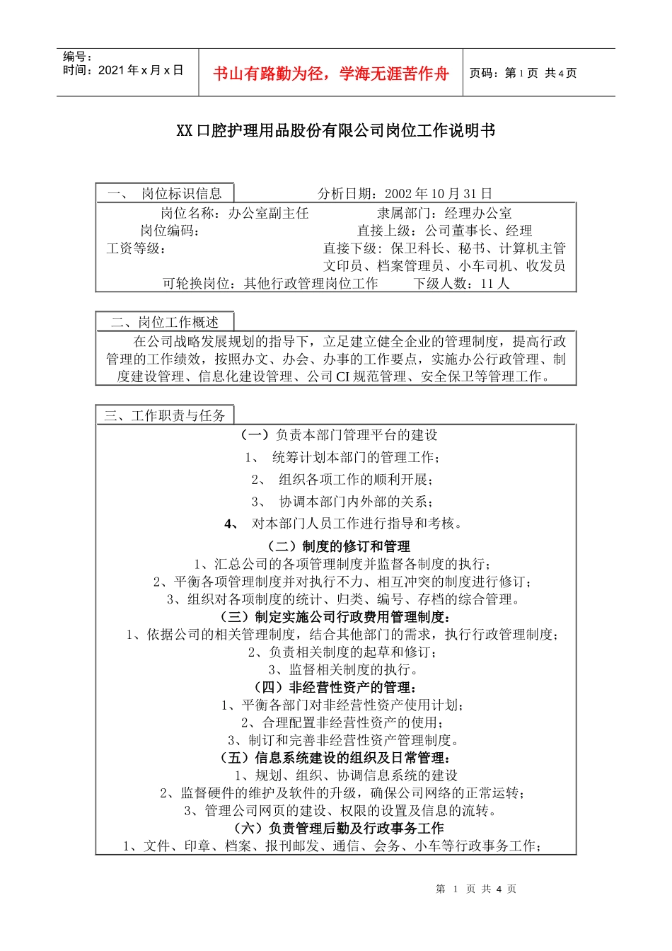 医药行业-经理办公室-副主任岗位说明书_第1页