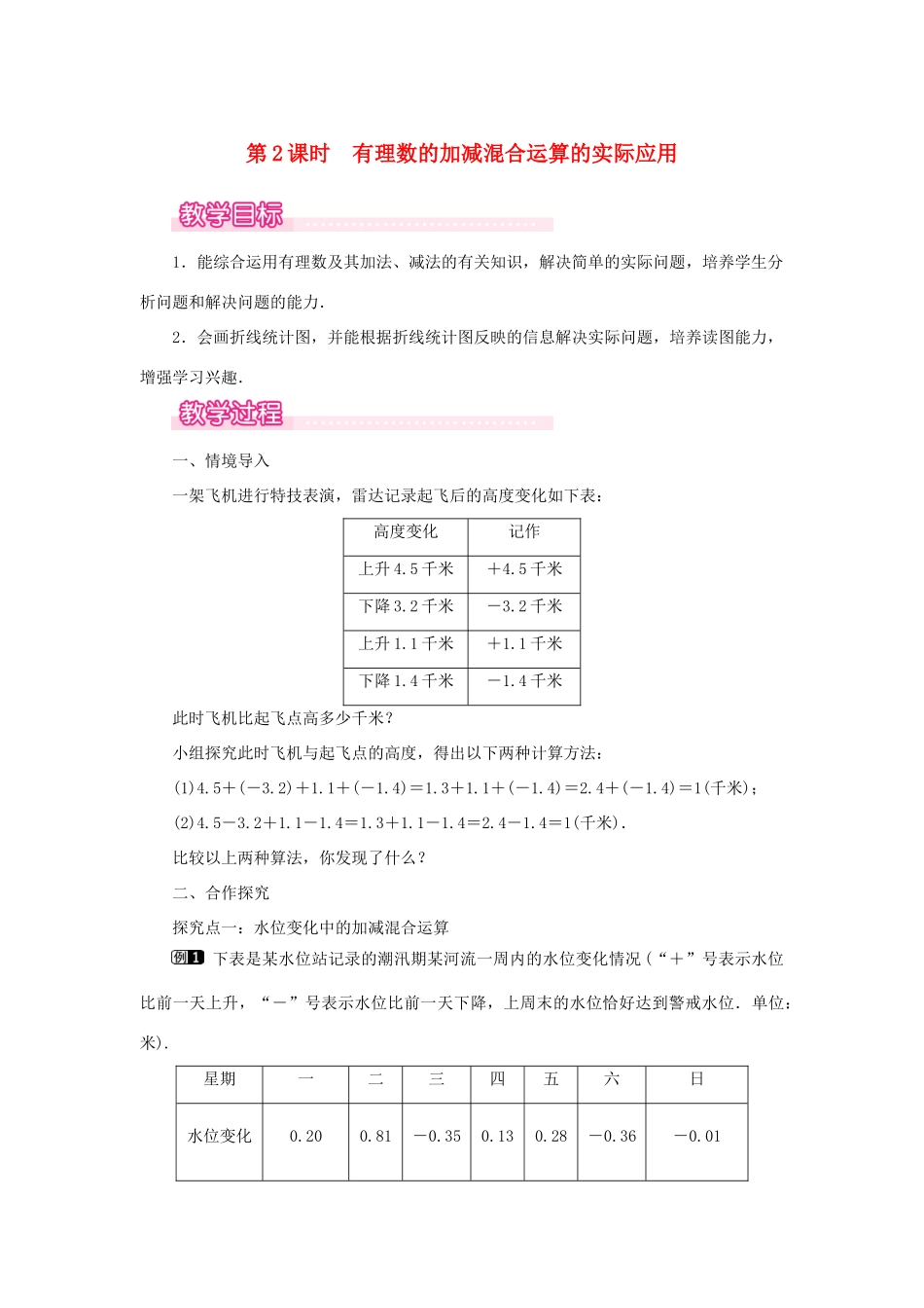 七年级数学上册 第2章 有理数及其运算 2.6 有理数的加减混合运算 第2课时 有理数的加减混合运算的实际应用教案1 （新版）北师大版-（新版）北师大版初中七年级上册数学教案_第1页