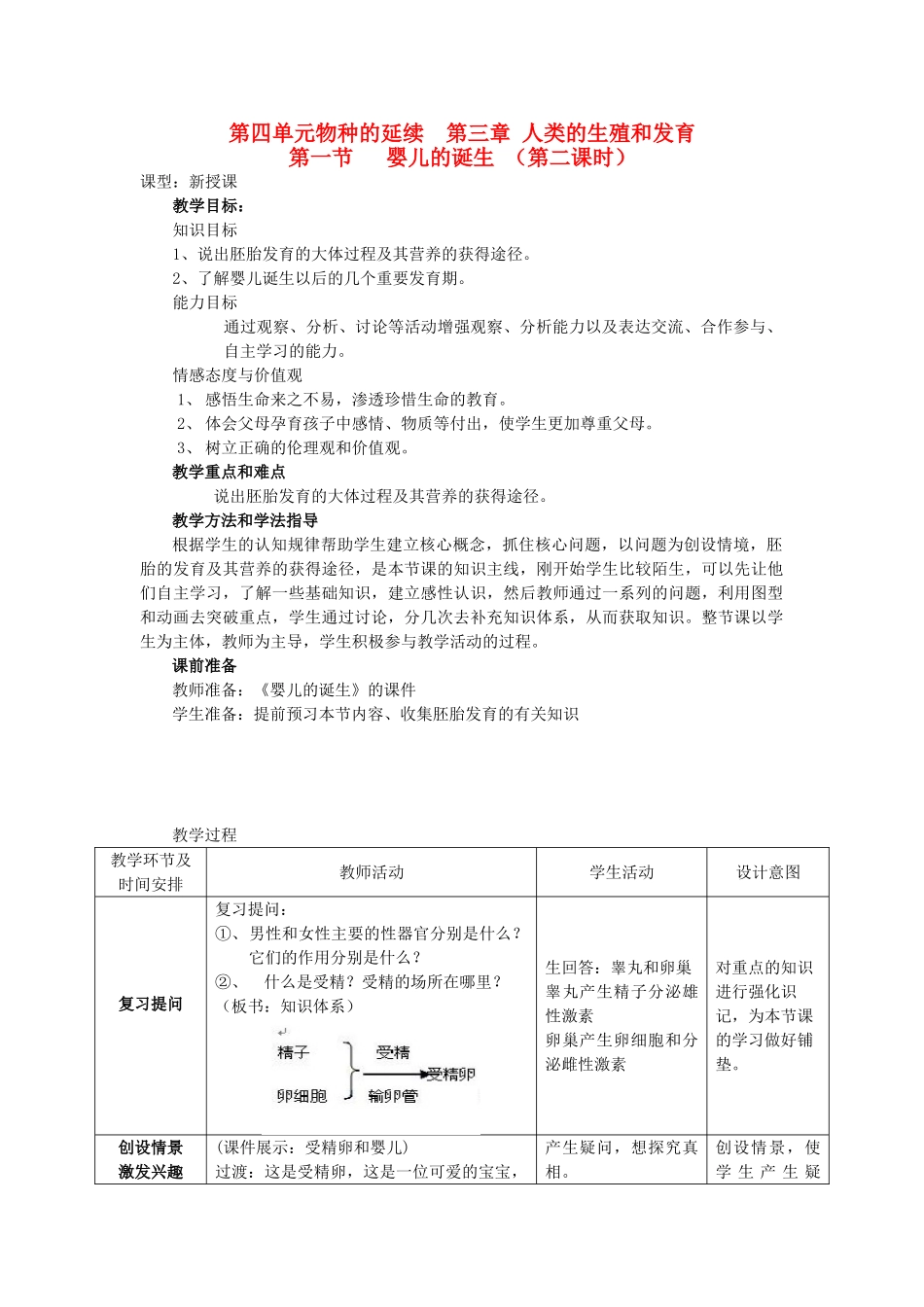 山东省枣庄市峄城区吴林街道中学八年级生物上册 第四单元 第三章 第一节 婴儿的诞生第二课时教案 济南版_第1页