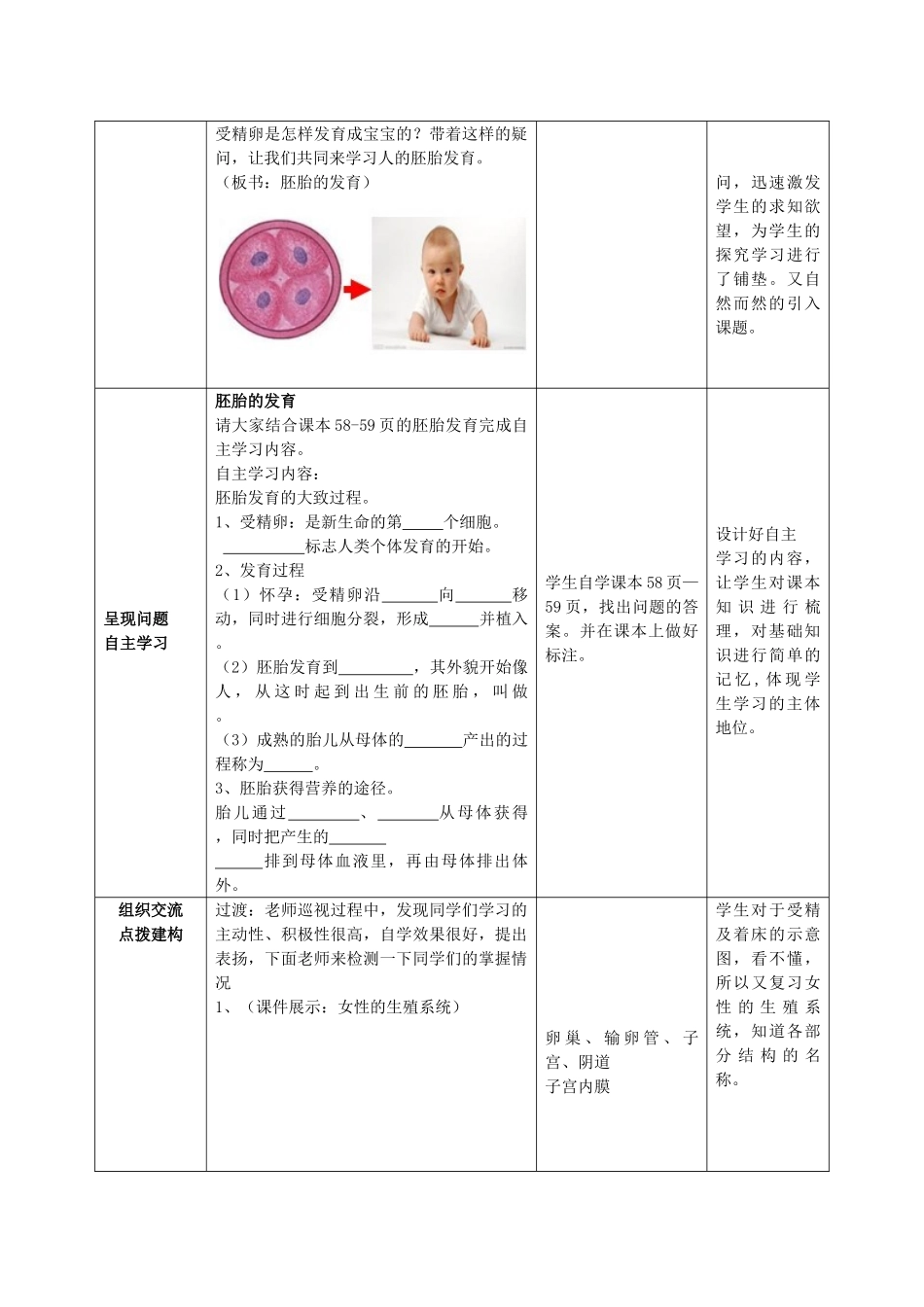 山东省枣庄市峄城区吴林街道中学八年级生物上册 第四单元 第三章 第一节 婴儿的诞生第二课时教案 济南版_第2页