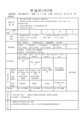 幼儿园中班下学期第16周周工作计划与反思
