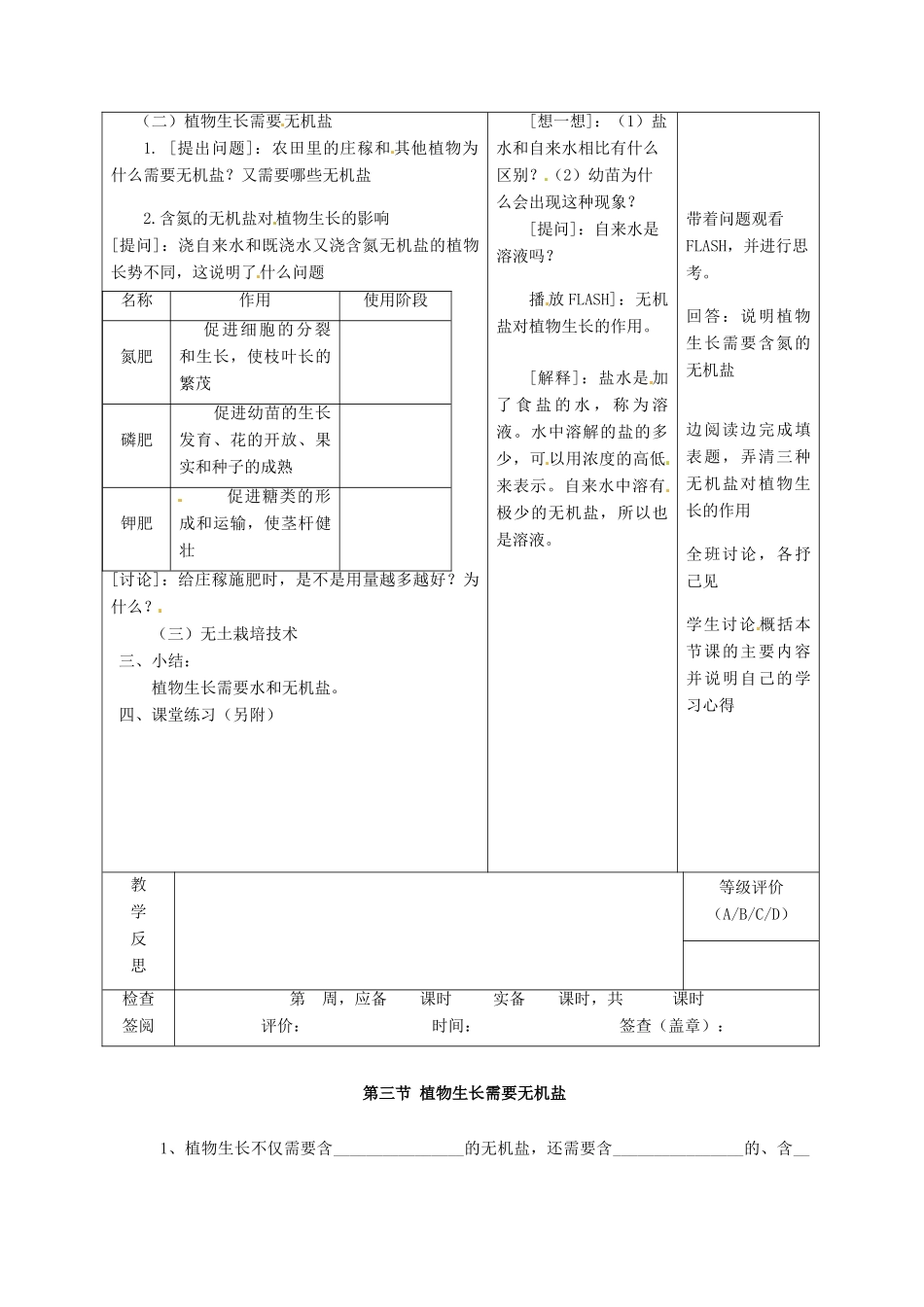 七年级生物上册 第5章 第3节 植物生长需要水和无机盐教案2 苏教版-苏教版初中七年级上册生物教案_第2页