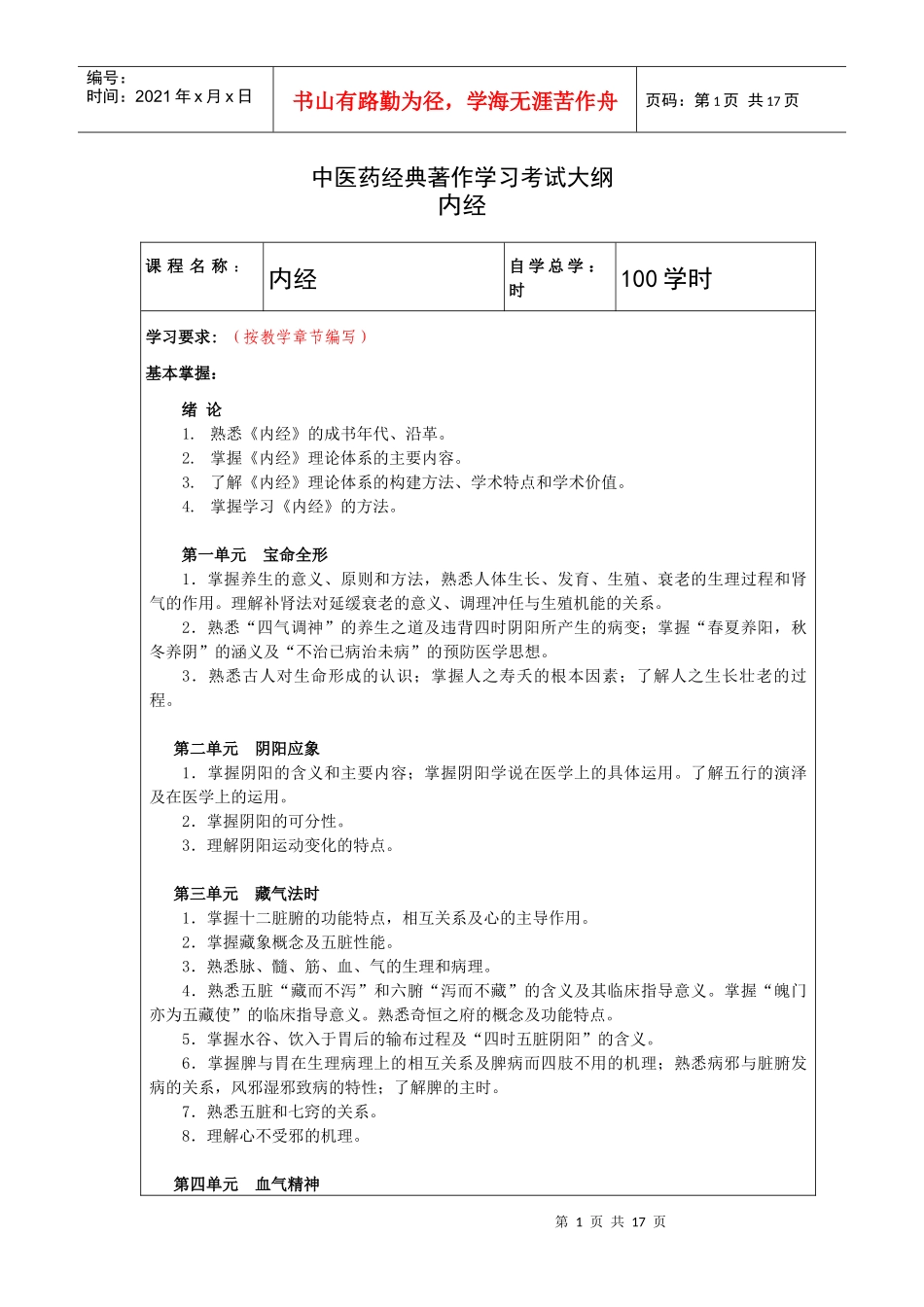 中医药经典著作学习考试大纲_第1页