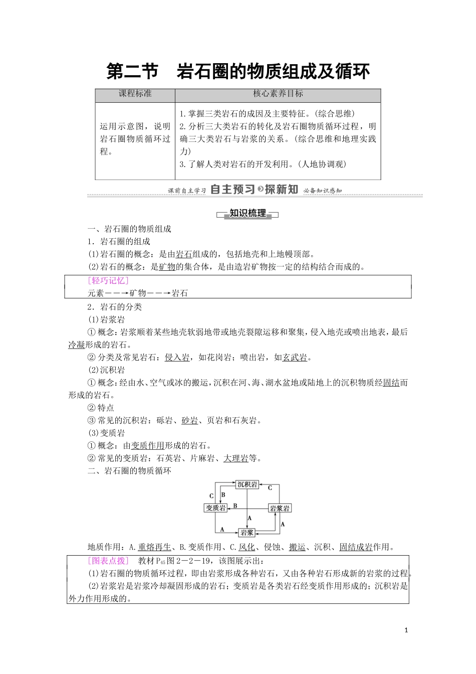 高中地理 第2章 地表形态的变化 第2节 岩石圈的物质组成及循环教案 中图版选择性必修第一册-中图版高中选择性必修第一册地理教案_第1页