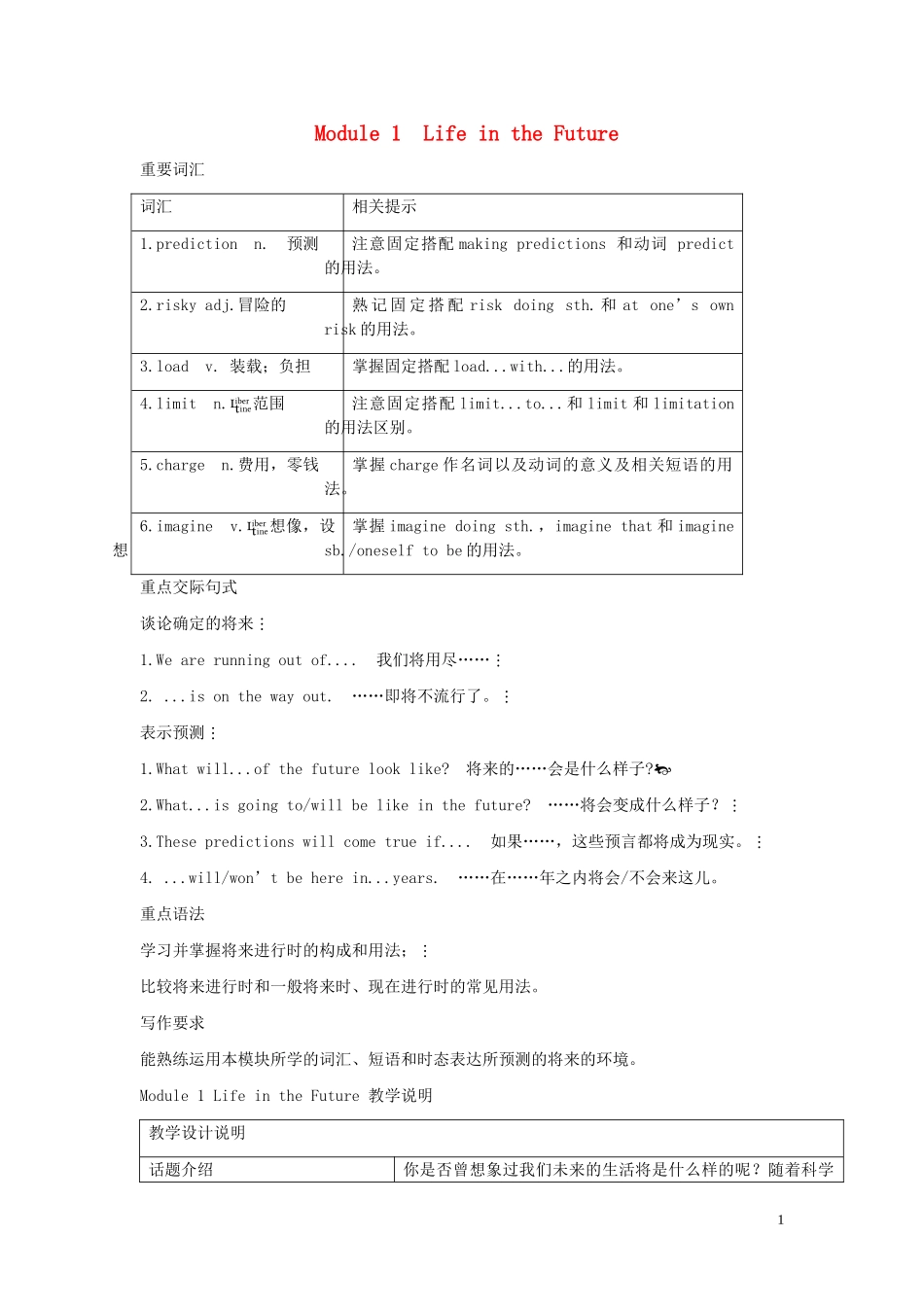 高中英语 Module 1《life in the future》教案 外研版必修4_第1页
