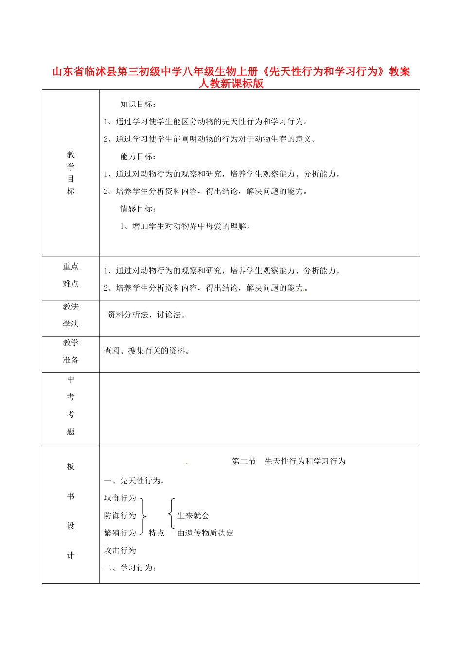 山东省临沭县第三初级中学八年级生物上册《先天性行为和学习行为》教案 人教新课标版_第1页