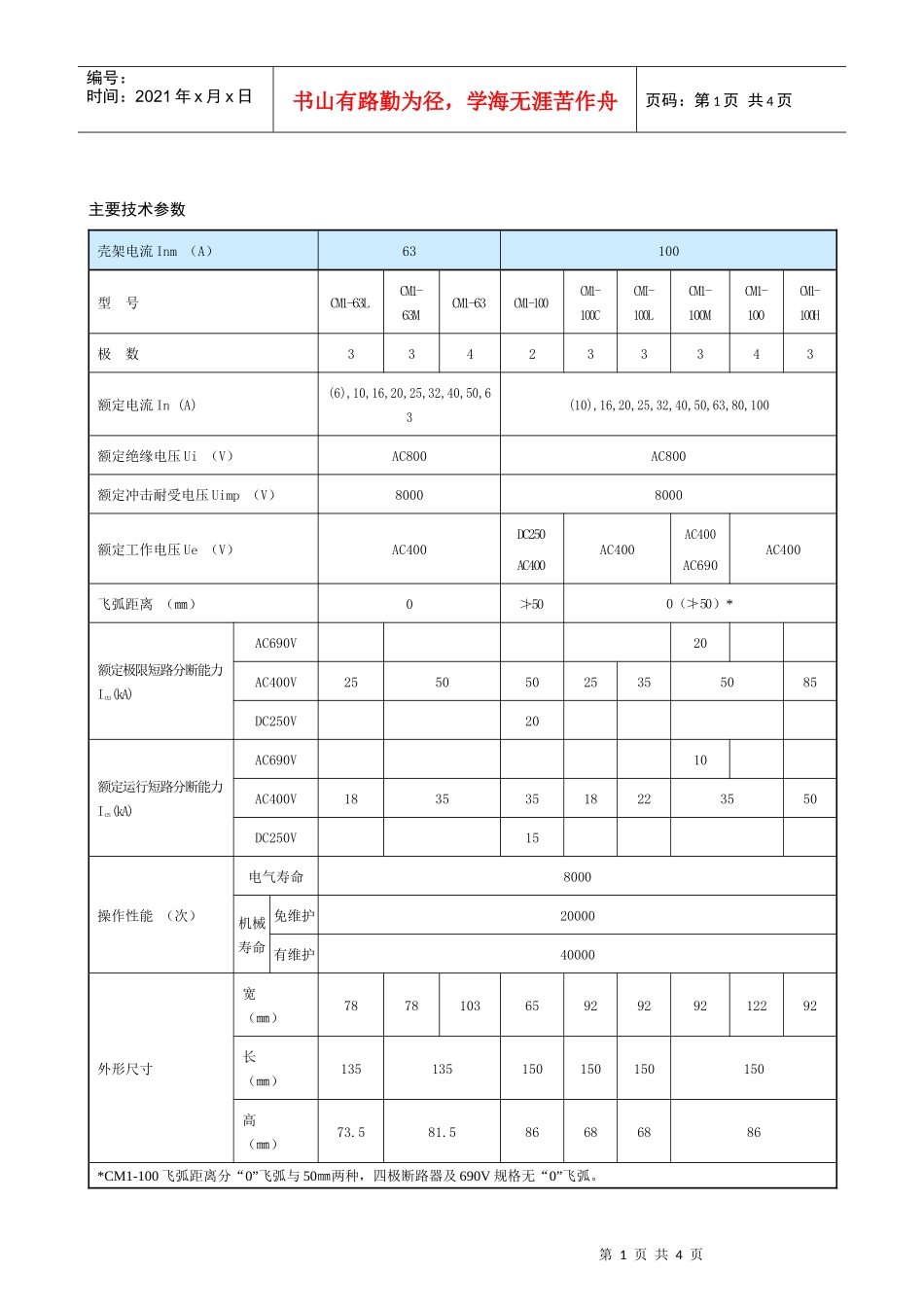 CM1系列塑料外壳式断路器技术参数表-CM1系列塑料外壳_第1页