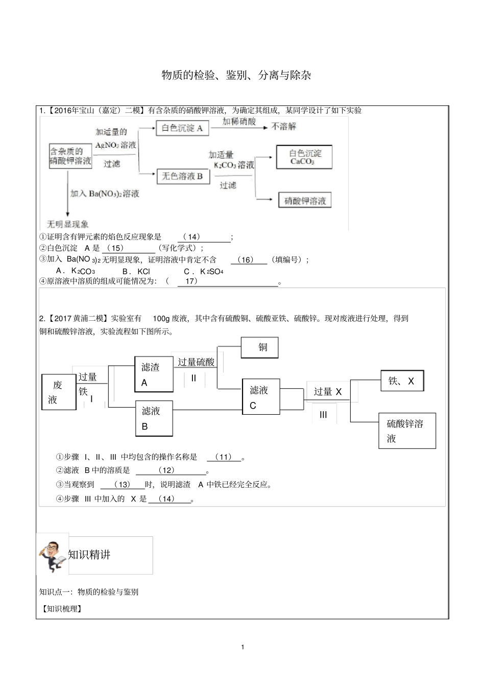 上海市初三二模冲刺化学专题复习讲义-物质的检验、鉴别、分离与除杂.doc_第1页
