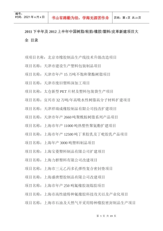 XXXX下半年及XXXX上半年中国树脂轮胎橡胶塑料皮革新建项目大全